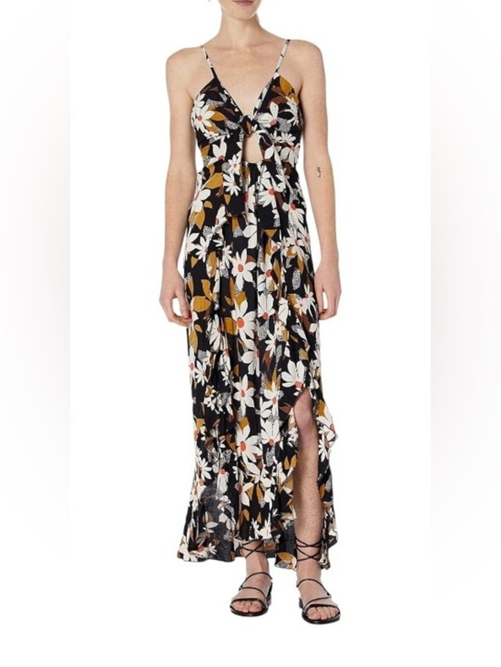 Angie Black Cottagecore Tie-Front Smoked Back Resort Cruise Summer  Maxi Dress M